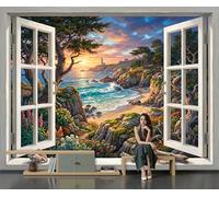 Seaside Lighthouse Window View Photo Wallpaper Panoramic, Seaside Illustrations Wall Mural Poster 3D Effect - Silk Wallpaper For Living Room Bedroom Office Tv Background Decoration, 400 × 280 Cm