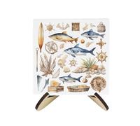 Seaside Maritime Ceramic Coaster Set - Sailing Fishing Diving Square Set of Four (4) Coasters Gift & Wood-Effect Coaster Stand
