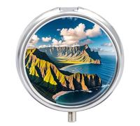 Seaside Mountain Skyline Metal Pill Organizer, 3 Compartment Waterproof Pill Case with Mirror for Purse Pocket Bag, Daily Medicine Vitamin Holder, Portable Travel Med Container(Round)