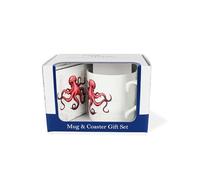 Seaside Mug & Coaster Gift Set - Octopus Coastal Sea Creatures Bone China Mug and Cork Coaster Set - Tea/Coffee Present