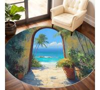 Seaside Round Area Rug 60cm, Mediterranean Scenery Rug, Greek Scenery Circle Rugs, Low-Pile Round Rugs for Kitchen Dining Living Room Bedroom Under the Coffee Table