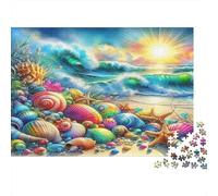 Seaside Scenery 1000 Piece Cardboard Jigsaw Puzzle Sustainable Beach Full of Seashells Unique Adults Seniors Premium Quality Stress Relief Home Leisure Activity 38x26cm/1000pcs