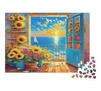 Seaside Scenery 1000 Piece Cardboard Jigsaw Puzzles Family Door to Sea with Sunflowers Adults Kids Educational Cognitive Development Creative Play Indoor Family Leisure Activity 38x26cm/1000pcs