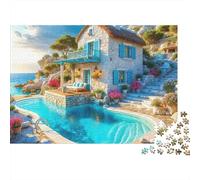 Seaside Scenery 1000-Piece Jigsaw Puzzle Villa Pool Coastal View - Classic Educational Game for Adults And Kids52x38cm/1000pcs