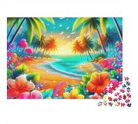 Seaside Scenery 1000 Piece Relaxation Puzzle for Adults Tropical Beach with Vibrant Flowers at Dawn Premium Thick Sturdy Challenging Stress Relief 52x38cm/1000pcs