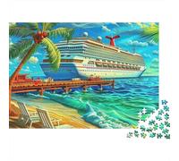 Seaside Scenery 1000pc Jigsaw Puzzle for Adults Tropical Beach with Cruise Ship And Palm Tree Premium Thick Sturdy Vibrant Challenging Stress Relief Family Game 38x26cm/1000pcs