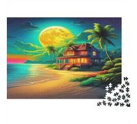 Seaside Scenery Colourful Beach House Under Full Moon 1000 Pieces Adult Jigsaws Birthday Fun Activity for Rainy Days 52x38cm/1000pcs