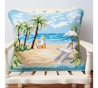 Seaside Scenery Latch Hook Kits Pillow Cover DIY Rug Crochet Hook Cushion Making Kits Printed Pattern Canvas Crochet Pillowcase Latch Hooking Kits for Christmas Decoration 43x43cm(d76)