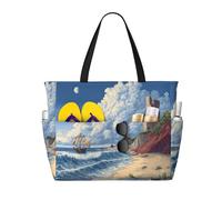 Seaside Scenery Print Large Capacity Beach Travel Bag, Waterproof Beach Tote Bag with Zip and Pocket, Tote Bags for Traveling, Shopping, Pool