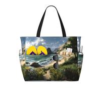 Seaside Scenery Print Large Capacity Beach Travel Bag, Waterproof Beach Tote Bag with Zip and Pocket, Tote Bags for Traveling, Shopping, Pool
