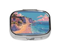 Seaside Scenery Print Pill Box 2 Compartment Medicine Pill Case,Portable for Pocket Or Purse Pill Box Decorative Metal Medicine Organizer