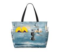 Seaside Seagulls Print Large Capacity Beach Travel Bag, Waterproof Beach Tote Bag with Zip and Pocket, Tote Bags for Traveling, Shopping, Pool