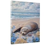 Seaside Seal Canvas Wall Art, Blue Beach Seal Poster Prints, Coastal Wall Art Home Decor For Living Room, Bedroom, Unframed 16x20 Inch