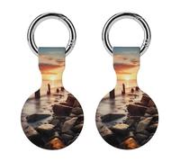 Seaside Skyline Sunset Scenery Keychain Holder Case Compatible with AirTag Waterproof Silicone Shell Protective Case 2PCS