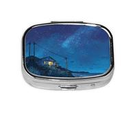 Seaside Starry Sky Print Pill Box 2 Compartment Medicine Pill Case,Portable for Pocket Or Purse Pill Box Decorative Metal Medicine Organizer