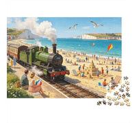 Seaside Steam Train Jigsaw Puzzles 1000 Pieces Recycled Material Sunny Beach Adult Jigsaws Developing Boy & Girl‘s Intelligence Parent Child Game Activity 38x26cm/1000pcs