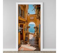 Seaside Street Architecture Door Mural, Stone Steps Alley Murals Stickers 90x200 cm, Mediterranean 3D Door Stickers Vinyl Self-Adhesive Peel and Stick Bedroom Living Room Door Decoration A5j143