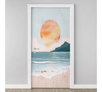 Seaside Sunset Landscape 3D Door Stickers Self Adhesive, Beach Wave Wallpaper Peel and Stick, Abstract Ocean Mountain Door Murals, PVC Waterproof Door Decal for Bedroom Living Room 77x200 cm Y5h166
