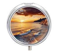 Seaside Sunset Pill Cases Round Pillbox with 3 Compartments Portable Travel Pill Organizer Box Mini Metal Pill Holder and Vitamin Containers for Fish Oil & Supplements