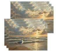 Seaside Sunset Placemats, Coastal Beach Scene Decorative Place Mats for Dining Table, Summer Non-Slip Washable Indoor Outdoor Kitchen Party Decorative Placemat Set of 6