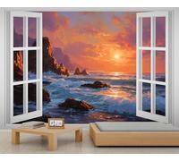 Seaside Sunset Wall Mural Coastal Sunset 3D Window Mural Oil Painting Rocky Shore Ocean Waves Landscape Wallpaper Not Peel and Stick for Living Room 500 x 317 cm