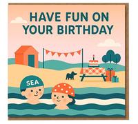 Seaside Swimmers Birthday Card - Have Fun on Your Birthday Message - Beach Hut, Bunting, Cake and Presents - Cute Coastal Design