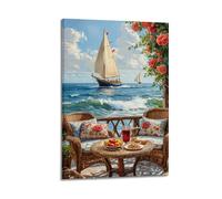 Seaside Terrace Wall Art, Charming Print, Travel Poster, Relaxing Canvas Picture, Peaceful Decor for Living Room Artistic Wall Mural Modern Hanging Decor Poster16x24inch(40x60cm)