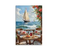 Seaside Terrace Wall Art, Charming Print, Travel Poster, Relaxing Canvas Picture, Peaceful Decor for Living Room Artistic Wall Mural Modern Hanging Decor Poster16x24inch(40x60cm)