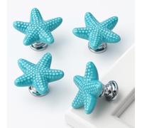 Seaside Themed Starfish Drawer Knobs Set of 4, 3.4cm Blue Ceramic Cabinet Handles with Screws, Coastal Style Pulls for Drawers, Wardrobes, Cupboards, Cabinets - Ocean Furniture Hardware Home Décor