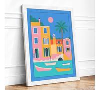 Seaside Town at Dusk Coastal Framed Wall Art Print A2 (59.4×42cm) White, Wall Decor for Living Room, Bedroom, Office & Home, Ready to Hang, Art Gift