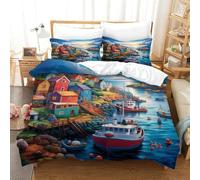 Seaside Town Duvet Cover Set, Bedding Set Fishing Village Sunset 3D Pattern Soft Microfiber Quilt Cover 3pcs, Comforter Cover with Zipper Closure For Kids Boys Teen Men Dorm Decor Single(140x200cm)