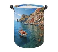 Seaside Town Laundry Basket with Handles, Large Capacity Water Proof Laundry Hamper, Lightweight & Foldable Storage Basket for Home, Bedroom, Dorm, 44x44cm