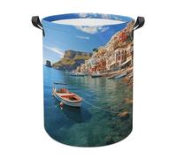 Seaside Town Laundry Basket with Handles, Large Capacity Water Proof Laundry Hamper, Lightweight & Foldable Storage Basket for Home, Bedroom, Dorm, 44x35cm
