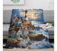 Seaside Town Lighthouse Seascape Blanket Camping Blanket Sofa Blanket Sleeping Blanket Kids Adults Sofa Blanket Applicable for All Seasons 40x50inch(100x130cm)