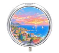 Seaside Town Medicine Pill Case, 3 Compartments Portable Decorative Medication Organizer for Pocket or Wallet, Vitamin Organizer