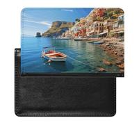 Seaside Town Passport Holder with 3 Card Slots, Portable PU Leather Travel Wallet, Slim Protective Cover for Passport, ID, Credit Cards