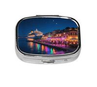 Seaside Town Round Square Pill Case - 2 Compartment Daily Pill Box, Travel Pill Container for Pocket Wallet, Portable Oil Storage Box