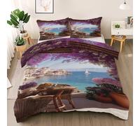 Seaside Town Super King Duvet Cover Set, Purple Flower Soft Microfiber Bedding with Pillow Cases, Blue Sea White Sail Quilt Cover Easy Care, Mediterranean Style Duvet Cover with Zipper, 260x220cm