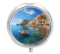 Seaside Town Travel Pill Box Case 3 Compartment Cute Pill Organizer Metal Pill Holder with Mirror Small Medicine Organizer Daily Pill Container for Purse Pocket Portable Meds Box