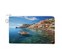 Seaside Town Wallet with Keychain, Portable Wallet, Canvas Wallet