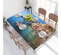 Seaside Town Waterproof Square Table Cover Elastic Fitted Tablecloth Oil Proof Table Protector For 4ft Table
