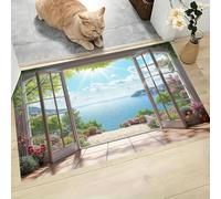 Seaside Town Window View Door Mats Indoor, 45 x 75 cm Machine Washable Inside Door Mat, Mediterranean Sea View Absorbent Entrance Rug, Anti-Slip Floor Mats For Front Rear Doors - Blue