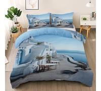 Seaside View Duvet Cover Set Twin Size, Blue White Architecture Bedding Set, Mediterranean Style Comforter Cover with 2 Pillow Shams, Comfy Breathable Lightweight Romantic Comforter Cover