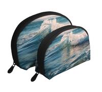 Seaside Water Wave Portable Shell Cosmetic Bag Set - Travel Makeup Organiser with Zipper & Inner Compartments
