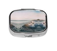 Seaside Water Wave Print Pill Box 2 Compartment Medicine Pill Case,Portable for Pocket Or Purse Pill Box Decorative Metal Medicine Organizer