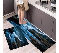 Seaside Waves Kitchen Rugs Non Skid Washable Mats Set of 2 PCS, Rocky Coast Absorbent Runner Rugs for Kitchen, Front of Sink,Sink Laundry, 40x60cm+40x120cm Dark Blue