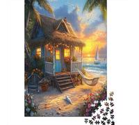 Seaside Wooden House,Rätsel Für Erwachsene 38x26cm/1000pcs,Herausforderungsspiele Seagulls Beach Shells Palm Trees Hammocks
