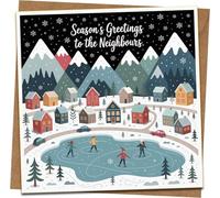 Season’s Greetings to the Neighbours Christmas Card - Winter Village Ice Skaters Design - 145mm x 145mm Square - Includes Kraft Envelope