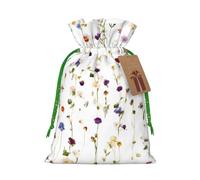 (Season Watercolors of Herbs Flowers) Printed Christmas S Size Gift Bags with Green Ribbon Drawstring Candy Bags for Kids Xmas Holiday Christmas Eve Presents