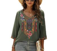 Seasonal Bohemian Embroidery Mexican Tops Women's Summer Boho Shirts Hippie Peasant 3/4 Sleeve V Neck Blouses Tunic (328-Green, 2XL)